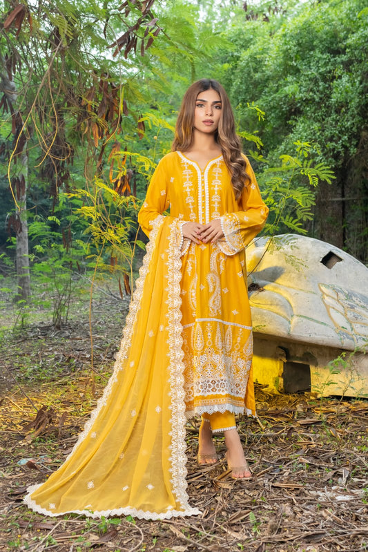 Mustard Schiffli Allure 3 PC Schiffli Embroidered Suit