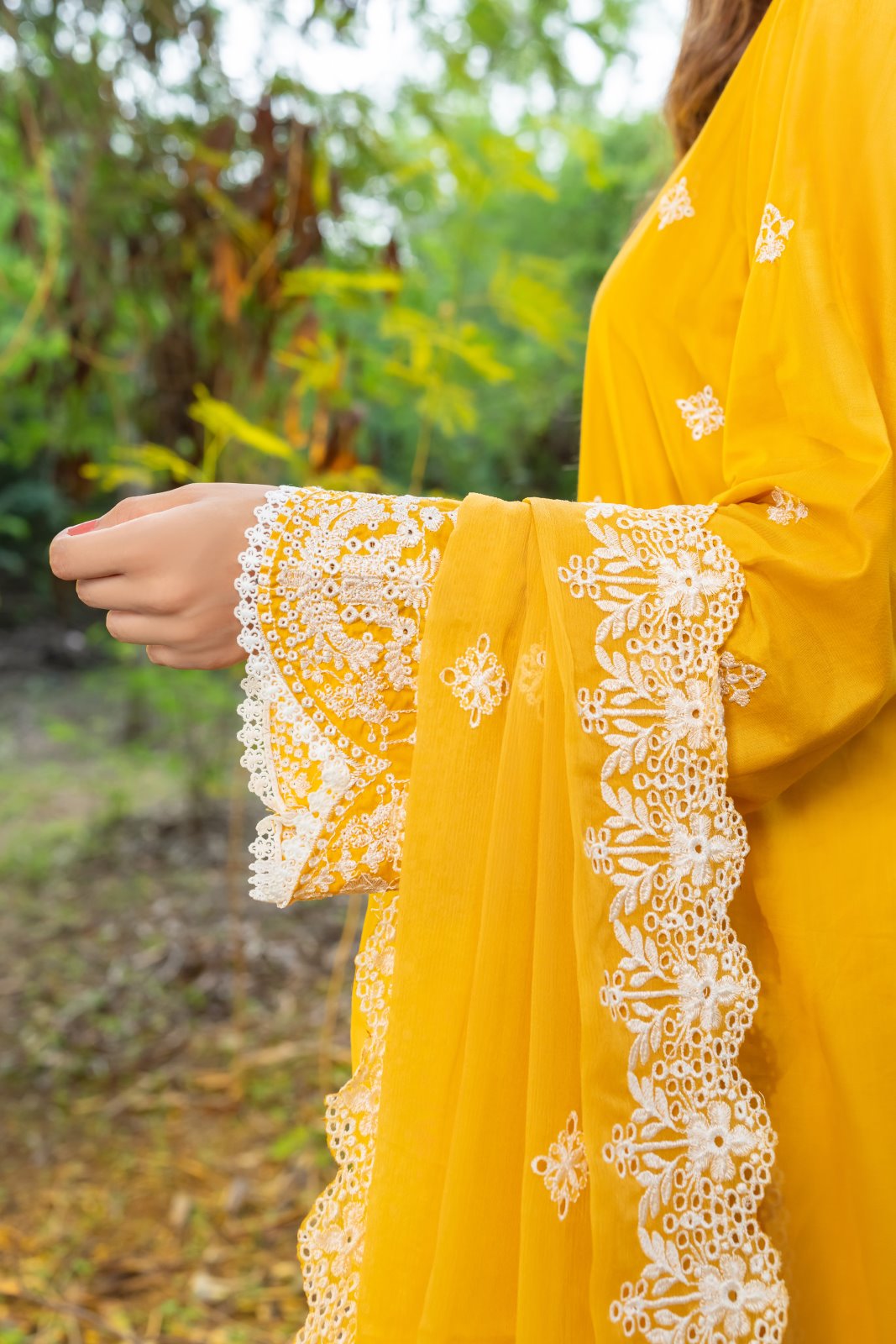 Mustard Schiffli Allure 3 PC Schiffli Embroidered Suit