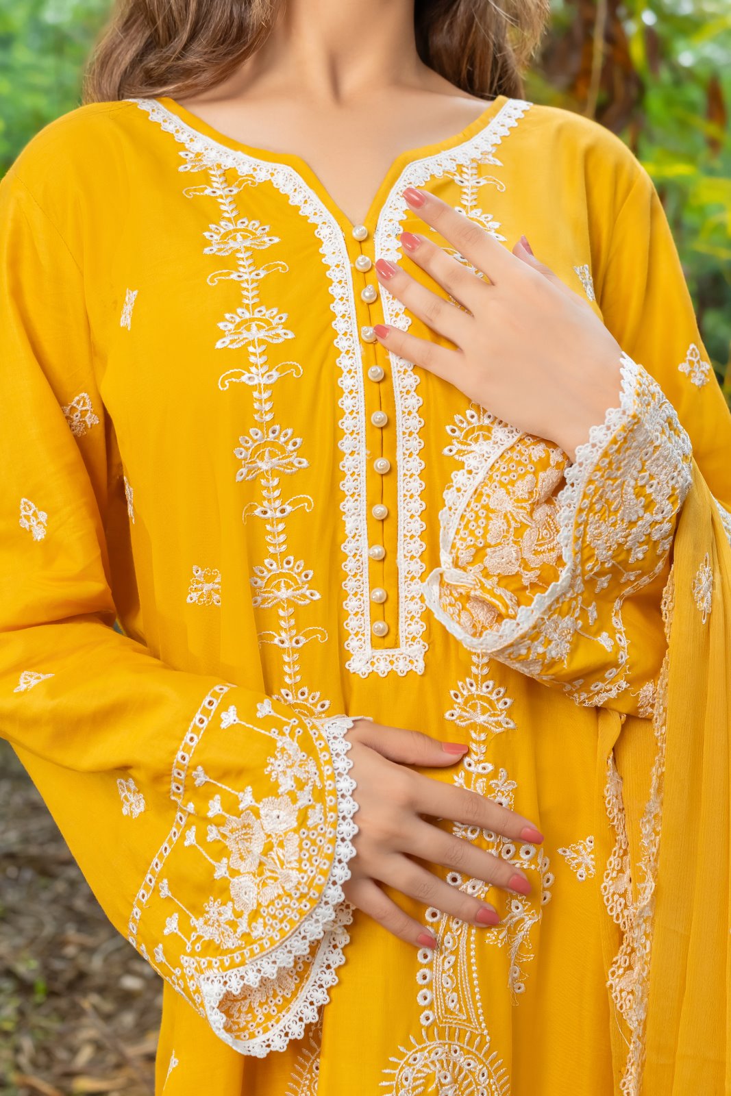 Mustard Schiffli Allure 3 PC Schiffli Embroidered Suit