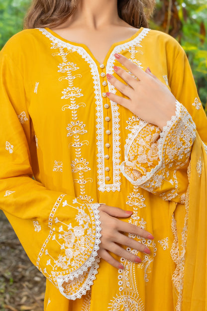 Mustard Schiffli Allure 3 PC Schiffli Embroidered Suit