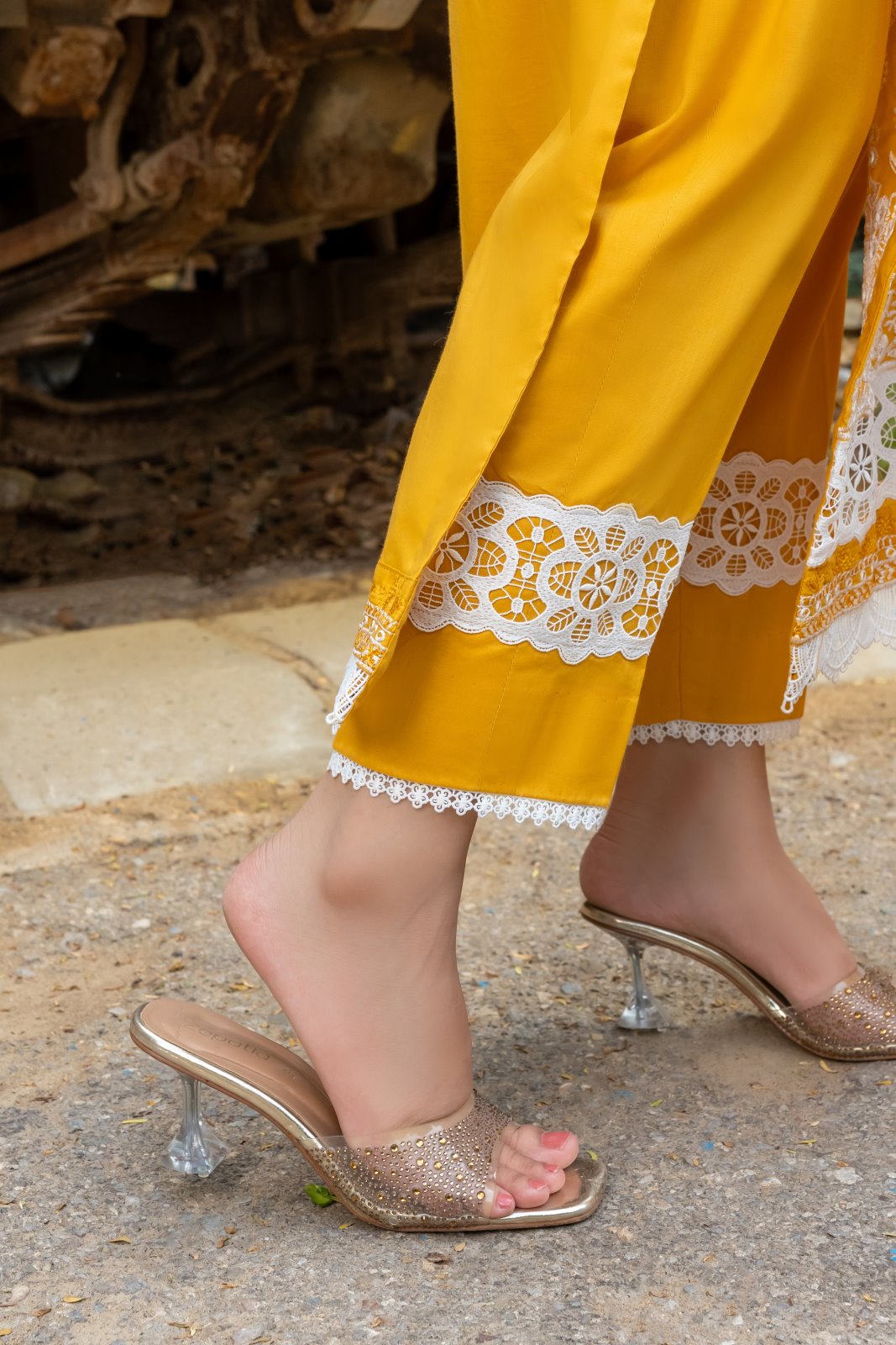 Mustard Schiffli Allure 3 PC Schiffli Embroidered Suit