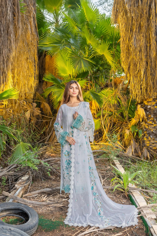 White Opulence 3 PC Embroidered Chiffon Suit