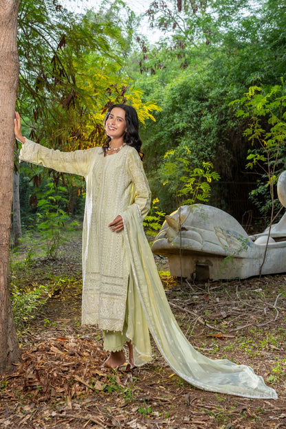 Green Schiffli Artistry 3 PC Schiffli Embroidered Suit