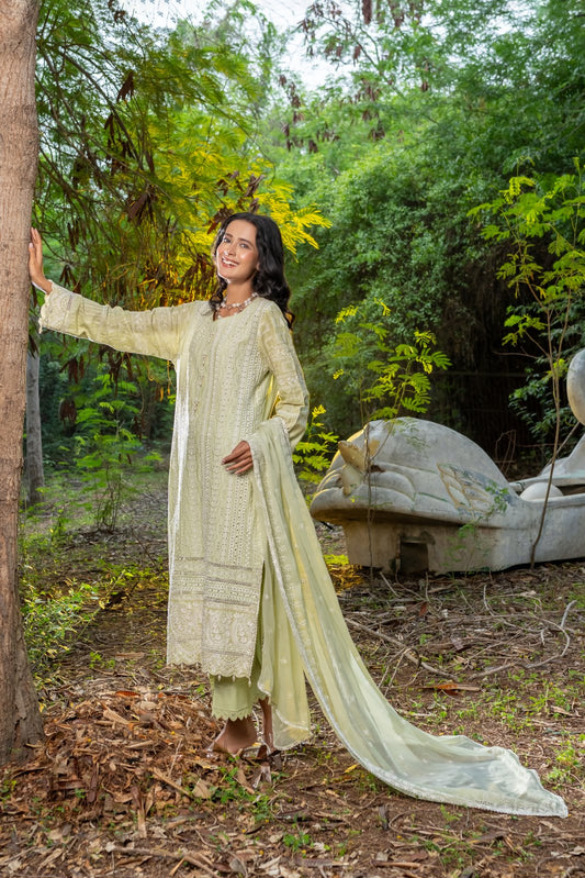 Green Schiffli Artistry 3 PC Schiffli Embroidered Suit