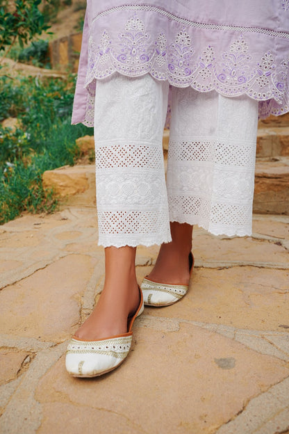 White Embroidered Schiffli Izaar Bottoms
