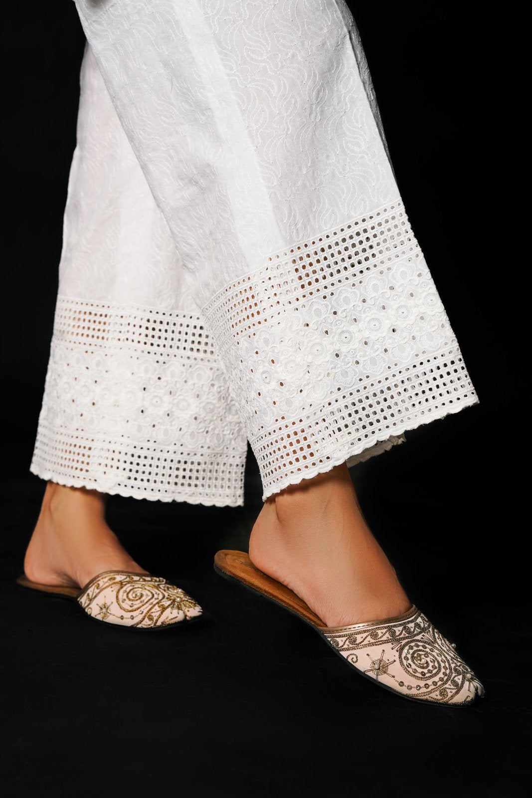White Embroidered Schiffli Izaar Bottoms