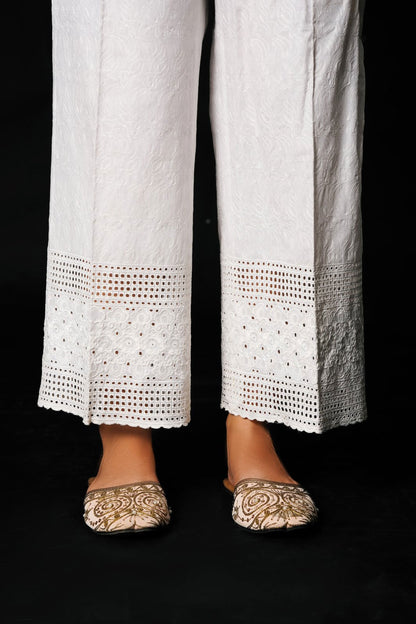 White Embroidered Schiffli Izaar Bottoms