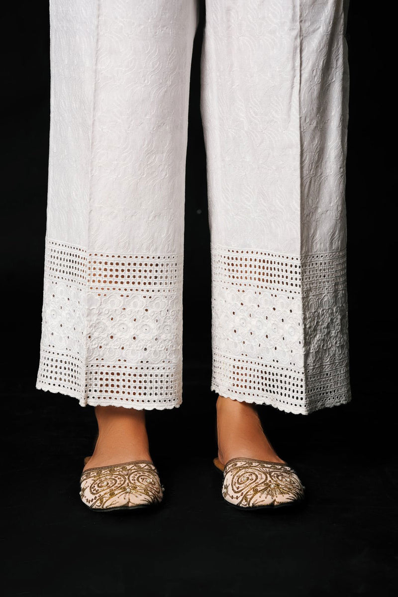 White Embroidered Schiffli Izaar Bottoms